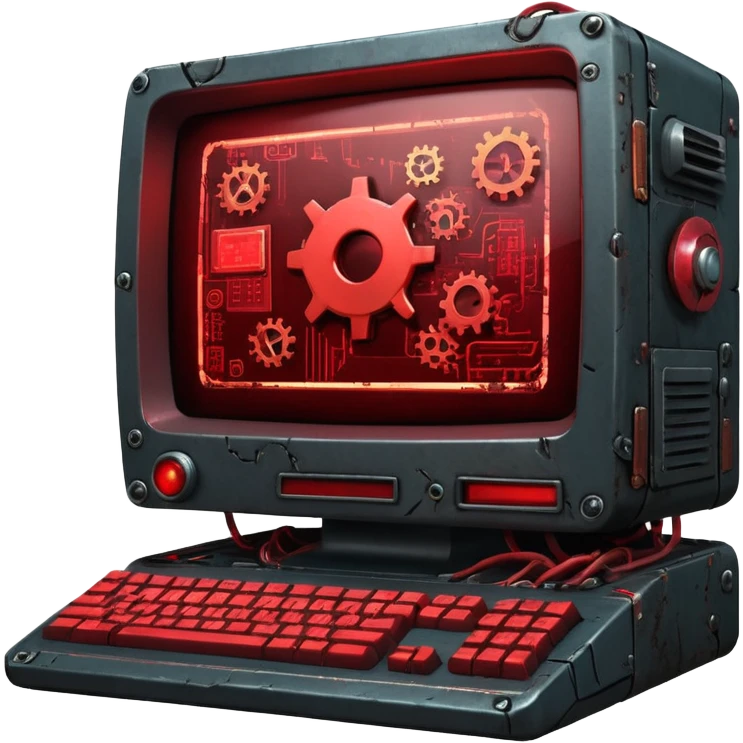 Old cyberpunk computer filled with junk drives and corrupted code, glowing error lights, sparks flying as gears grind and malfunction, interface full of broken UI elements and trash icons, dark gritty sci-fi setting, detailed close-up emoji