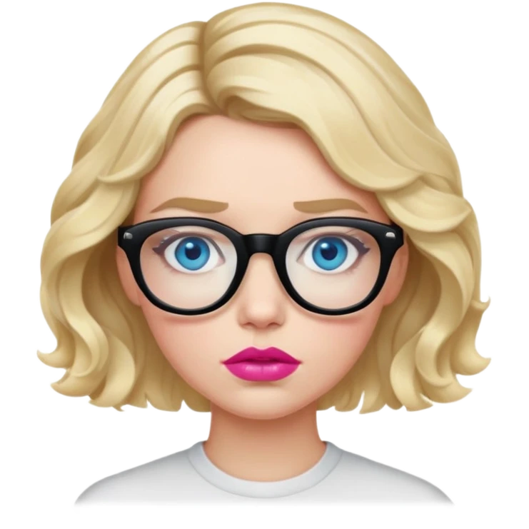 Blonde woman with short wavy hair, blue eyes and pink lips wearing black glasses looking like she is going to be sick emoji