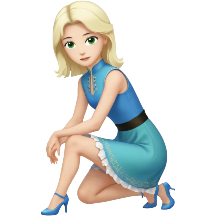 prince, upright, black Hair, blue eyes, garment,  Woman, bending knee, sleveless white dress, blonde hair, green eyes, emoji