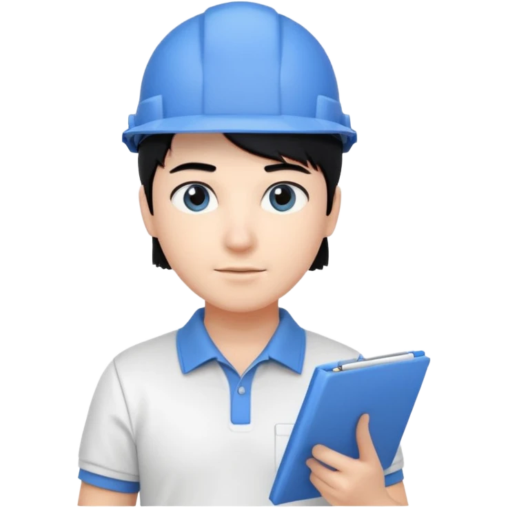 engineer wearing white polo touch of white holding blue print, black hair with headgear emoji