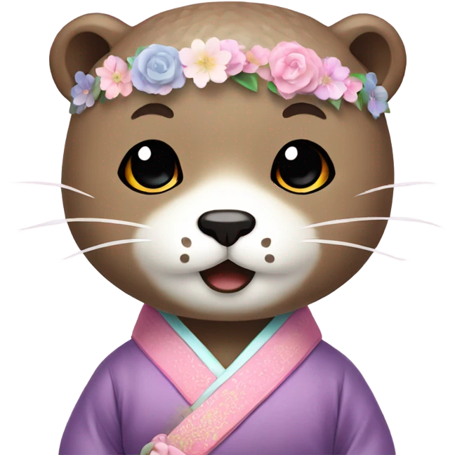 An otter emoji face dressed in pastel-colored traditional Korean hanbok emoji