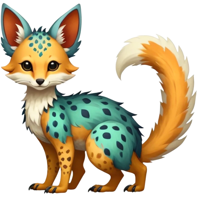 Feral Rare Fantasy vibrant Vernid-Trico-species by LiLaiRa, random markings, tufted tail, tufted ears, full body emoji