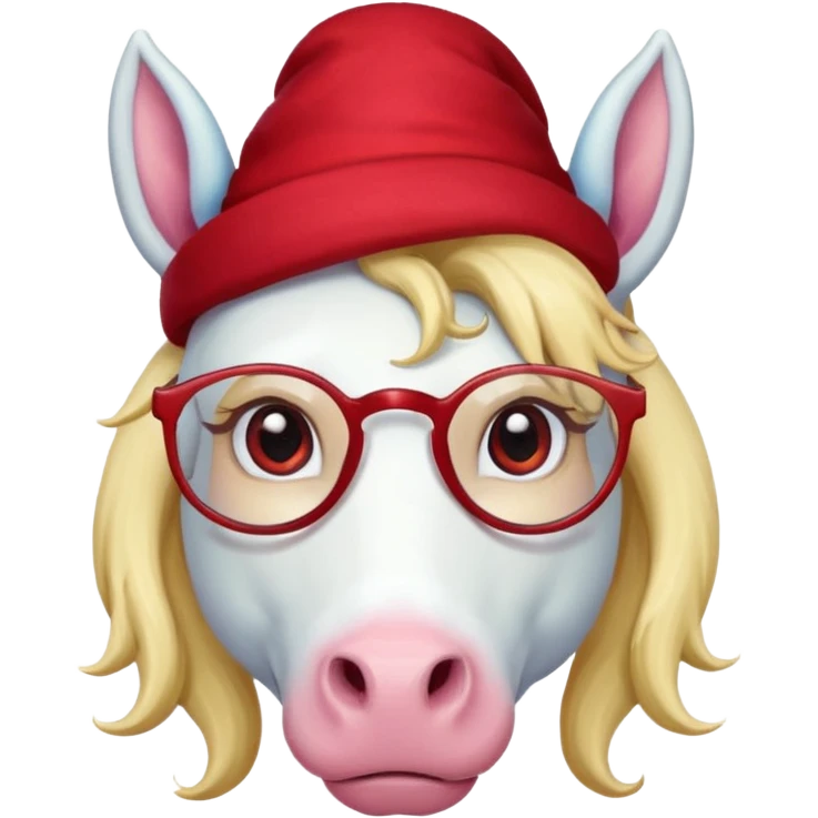 unicorn face cute wearing cute red hat, horn piercing through the hat looking in the camera, blond hair and spectacled. with big horn emoji
