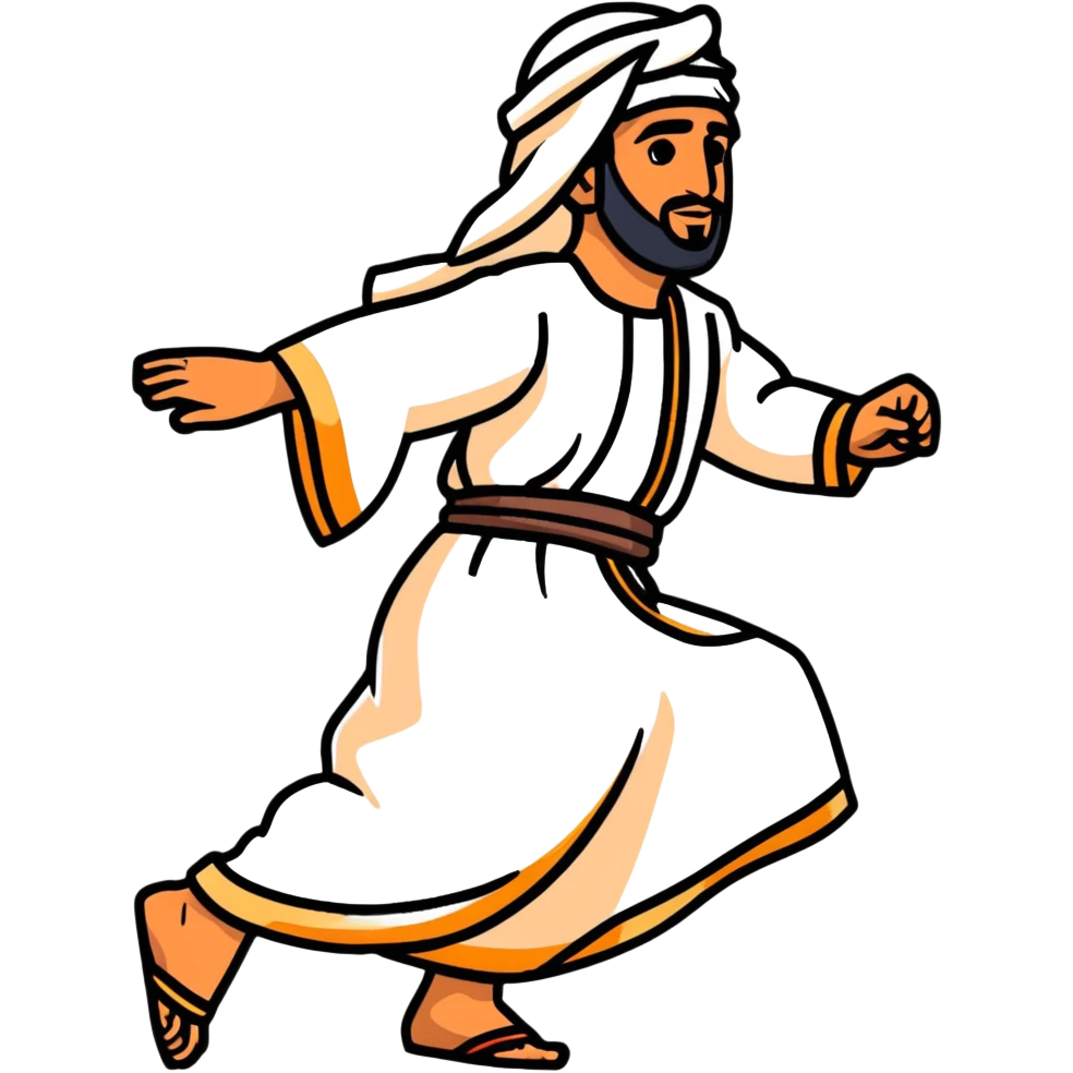Arab man walking confidently in traditional clothing, side view, mid-stride emoji