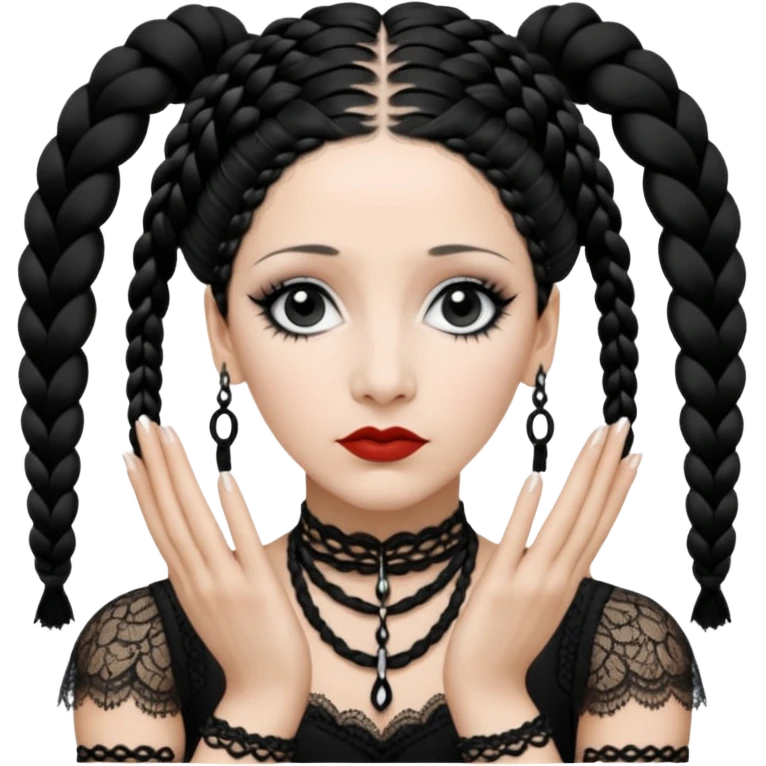 Lene Lovich as seen on the Stateless album cover with a typical symmetrical pose with her hands, lots of lace and braided hair emoji