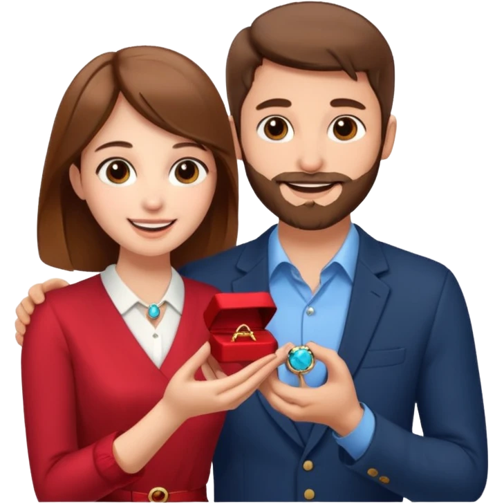 A brown haired man with a short beard proposing to a brown haired girl with a ring box emoji