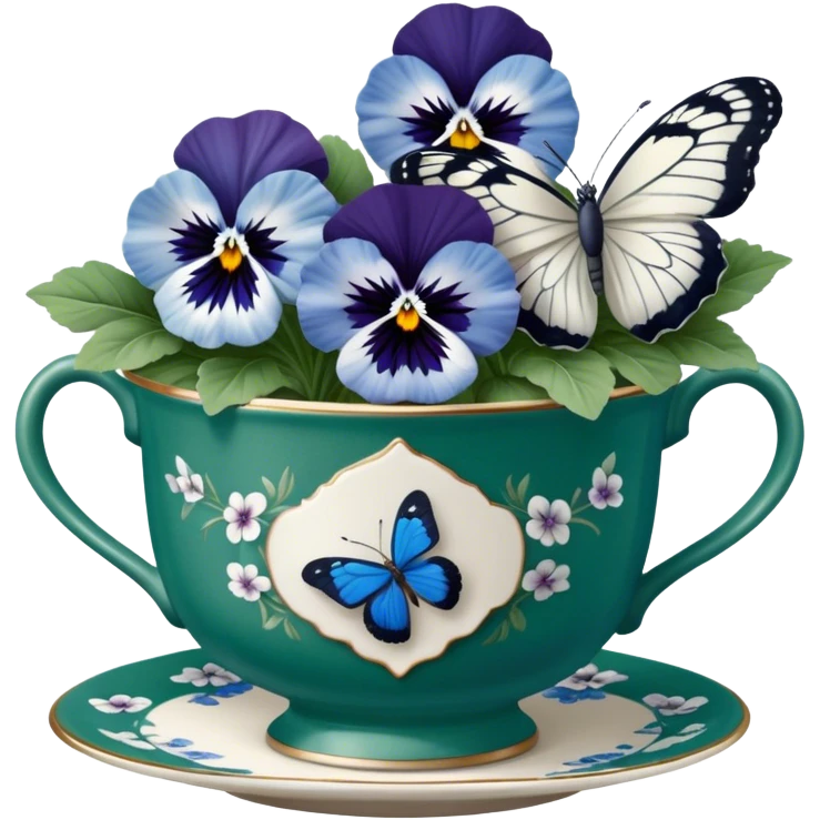 A cluster of blue and white pansies in an antique green porcelain cup, with a blue butterfly gently landing on a petal emoji