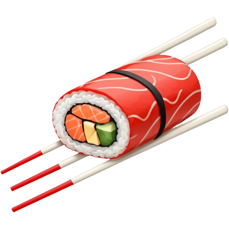 Japanese cuisine humanless avatar in minimalist emoji-style illustration. Sushi, roll and 2 chopsticks, clean lines, red white colors, flat design, calm and modern. emoji