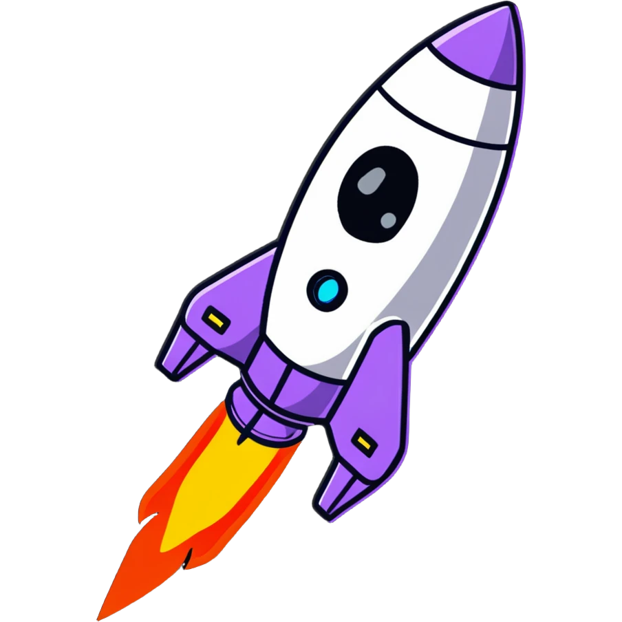 A cute sticker-style space rocket with a smiling face and bright flame trail emoji