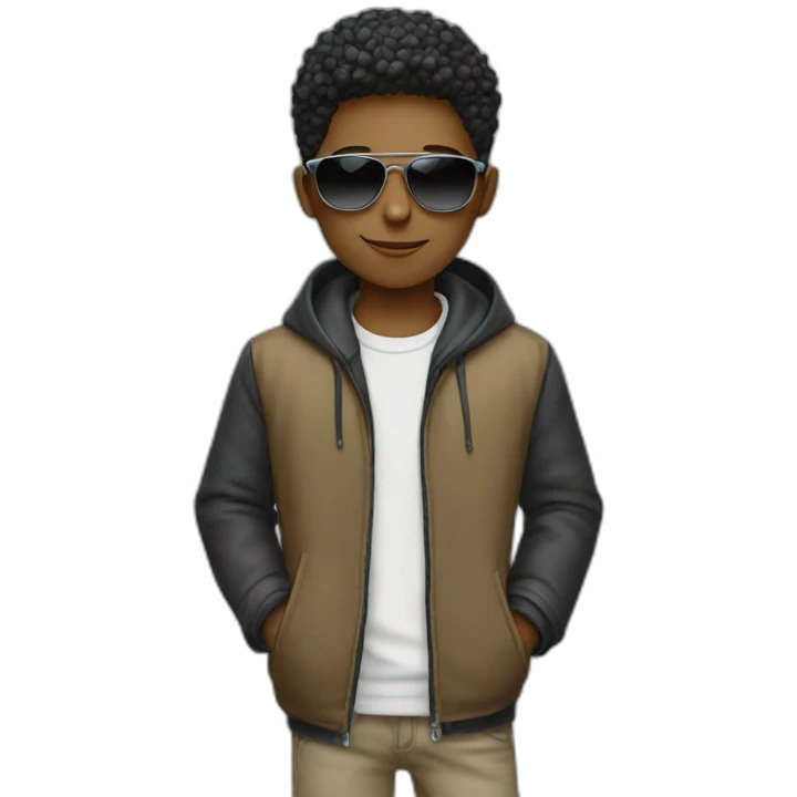 A boy with laptop,wear a jacket and have sunglasses emoji