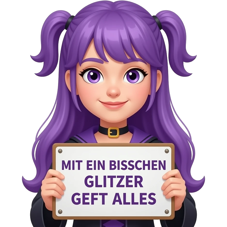 girl with long purple hair wearing a halloween costume holding a MIT EIN BISSCHEN GLITZER GEHT ALLES sign emoji
