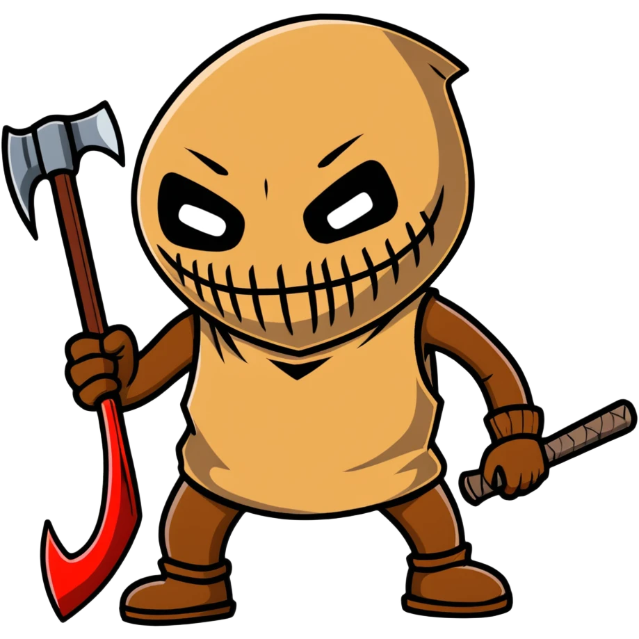 slasher film character with dirty burlap sack mask and axe emoji