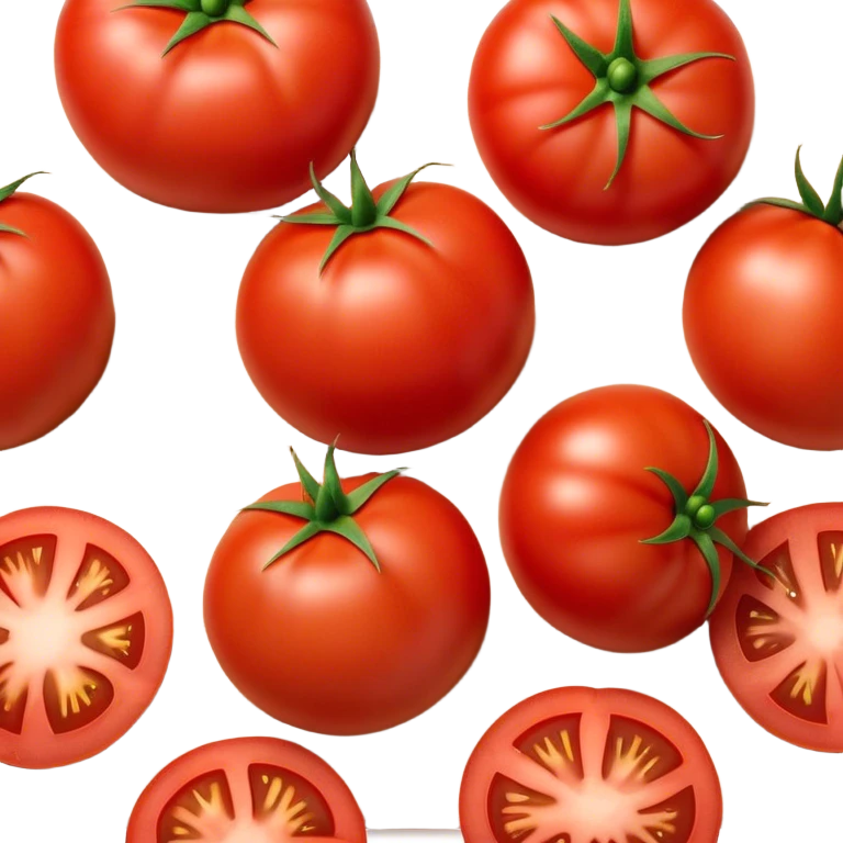 Cinematic juicy ripe tomatoe, deep red, slightly dewy, arranged on a wooden cutting board, soft glowing background, rich and flavorful. emoji