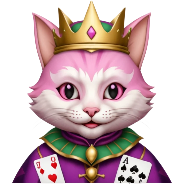 court jester cat medieval, single poker card joker clearly visible, pink, face only emoji