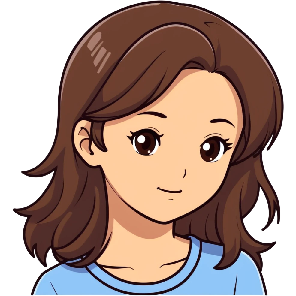 Girl  with brown blowy hair and dark brown eyes  emoji