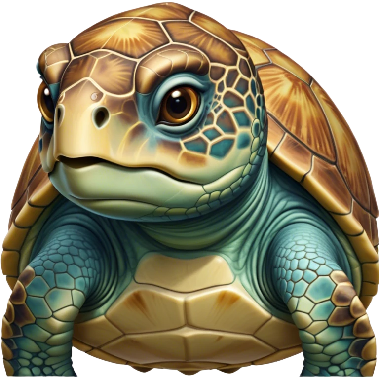Cinematic Realistic Noble Sea Turtle Portrait Emoji, Poised and dignified, with a robust, time-worn shell intricately patterned in earthy tones and a weathered, wise face with deep, observant eyes, rendered with lifelike texture and natural, diffused light; high shine, intelligent and serene, styled with an air of oceanic majesty, focused and attentive, soft glowing outline, capturing the essence of a watchful and confident sea turtle that appears to glide out of the screen with timeless authority! emoji