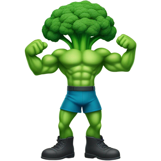 Generate a cartoonish broccoli emoji flexing its muscular arms with a confident smile. emoji