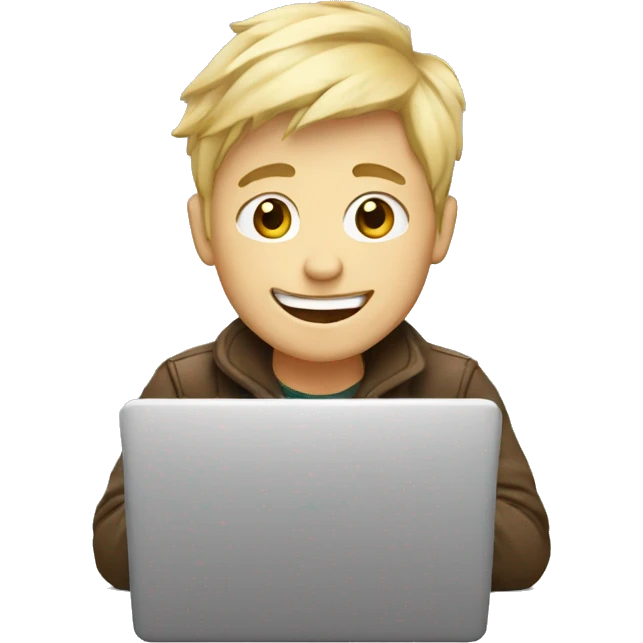 Blondie boy with a laptop and coffee smiling emoji