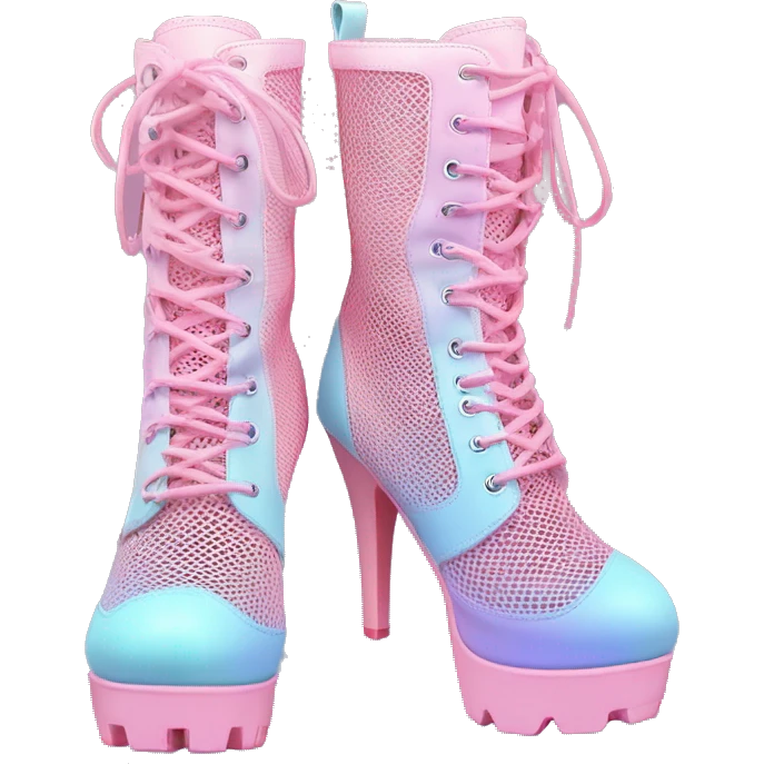 Realistic isolated top front view of a pair of pastel pink to pastel blue ombre pair of cut out mesh high heel combat boots. emoji