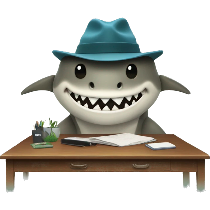 Shark with hat and desk with moss you text emoji