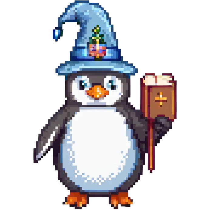 penguin wizard with a magical book, pixel art style emoji