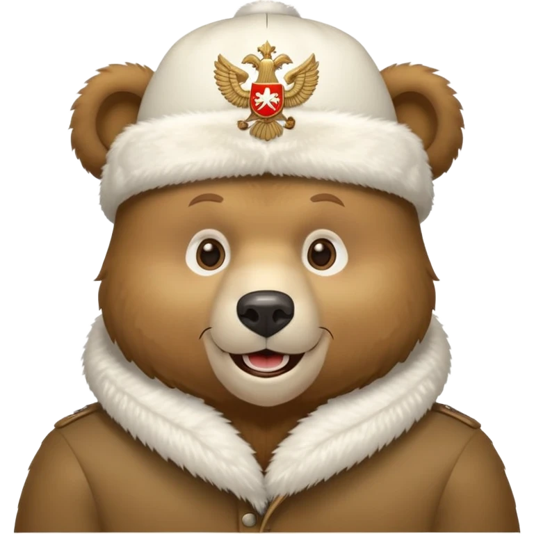 Cartoon Russian bear head wearing white furry ushanka with double-headed eagle emblem centered on the hat, iOS emoji style emoji