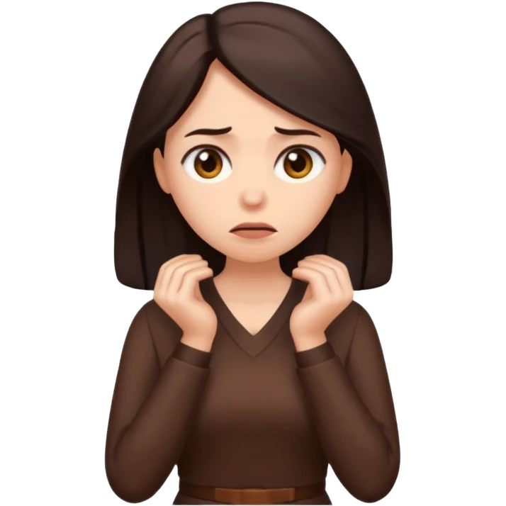=Cartoon emoji of a woman with long, loose dark hair, wearing chocolate-colored clothes. Full-height, standing, nervous, unsure, worried expression. Slightly hunched, anxious posture. Smooth, simple, stylized emoji