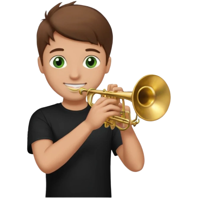 young man with brown hair that goes up, green eyes who plays a trumpet, black t shirt emoji