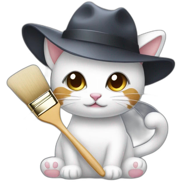 Kawaii cat artist in hat holding palette and brush so it can be used as a mouse cursor emoji