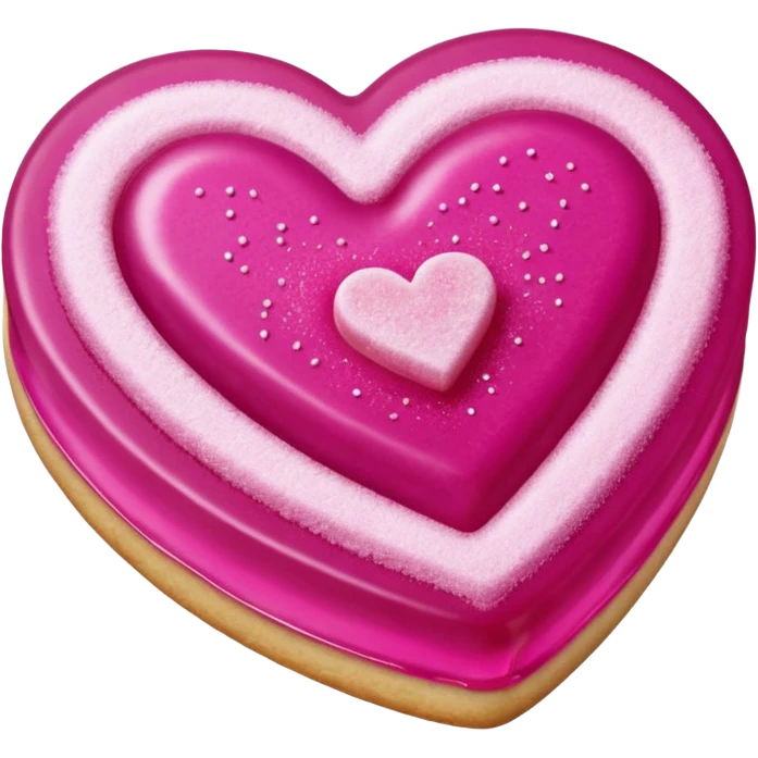 Realistic shortbread cookie in the shape of a heart with Fuchsia color jelly middle filling and sprinkled powder sugar on top. emoji