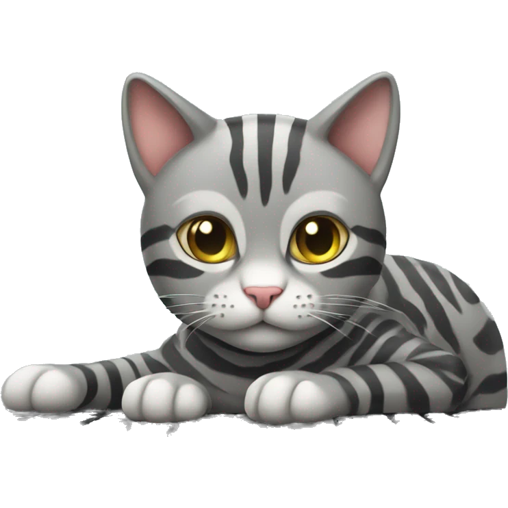 A striped grey cat is lying on the keyboard of the computer emoji
