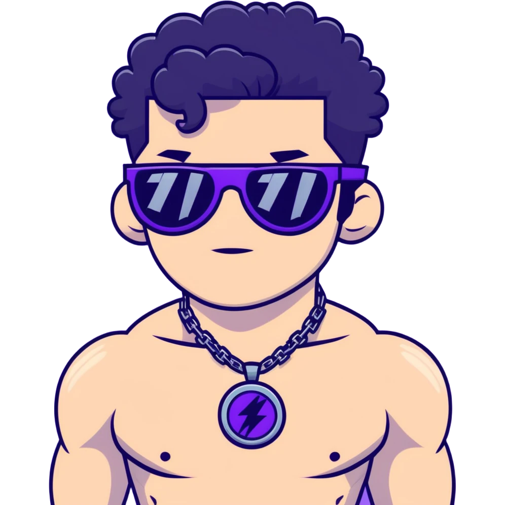shirtless male athlete with white skin and moderately curly black hair on top with shaved sides, wearing purple sunglasses with black tinted lenses and a shiny black necklace emoji