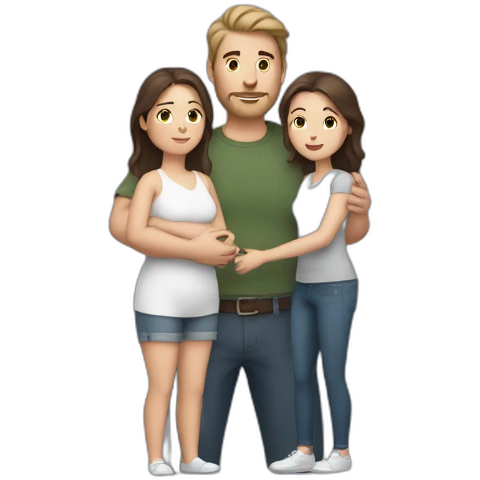 white brun man and brunette woman with a fat gray cat in their arms emoji