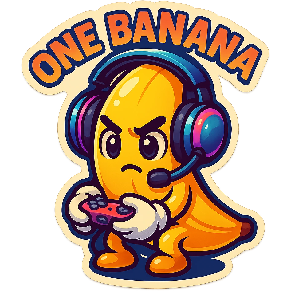 Cartoon banana wearing headset, holding tiny controller, focused expression, text above: "NE BANANA", chibi style, Twitch emoji style, transparent background, colorful emoji