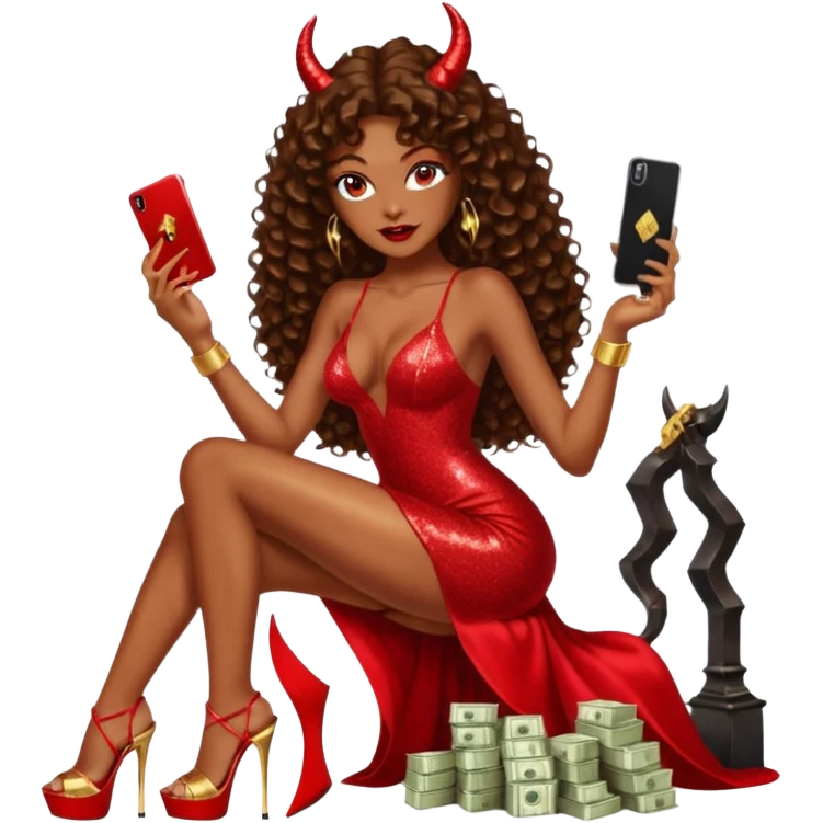 Sexy, playboy stripper woman brown curly long  hair half naked sensual devil horns red glitter dress with slit, holding cash and a phone  while she is sitting  top of gold wearing tall high heels with thick platform emoji