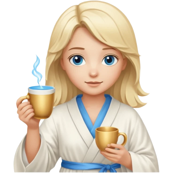 angelic blonde girl with middle length hair and blue eyes holds a cup in a robe emoji