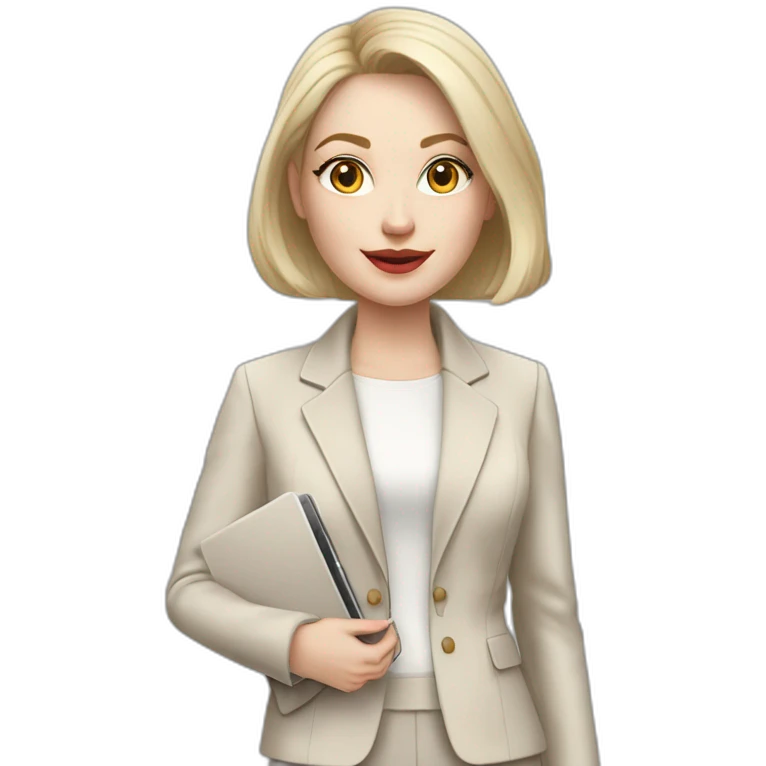 pale skin woman with ash blonde Straightened bob Hair, White Spacious classical jacket, beige palazzo Arrow pants and gray blouse holding a MacBook in the hands emoji