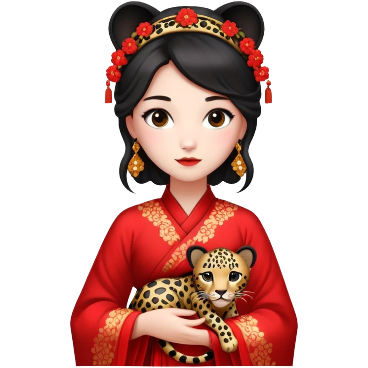 A beautiful girl in red Hanfu wedding dress is holding a black leopard emoji