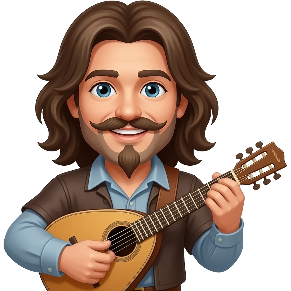 Beautiful Happy Bard with long hair, Handlebar mustache, pointed goatee and a lute emoji