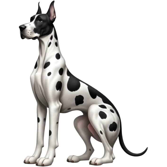 cinematic-[spotted great dane]-realistic-full-body-sitting-emoji,-tail-resting-loosely-beside-its-paws,-head-tilted-dramatically, ears drooped, -sleek-[black and white]-fur,-simplified-yet-realistic-focused-features,-highly-detailed,-glowing-with-an-almost-sarcastic-glow emoji
