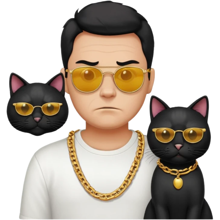 Freaky Larry is a cat with a gold chain and sunglasses standing behind a scared man with no facial hair. Make sure the cat is black emoji