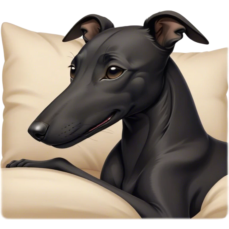 Meme-Worthy Cute Sleeping Black Greyhound Portrait Emoji, Head resting peacefully with a contented smile, showcasing a delightfully slender build and a luxuriously smooth black Fur, eyes shut in a serene nap, Simplified yet hilariously adorable features, highly detailed, glowing with a soft, drowsy light, high shine, relaxed and utterly lovable, stylized with an air of playful laziness, bright and heartwarming, soft glowing outline, capturing the essence of a comically sleepy racer, so meme-worthy it feels like it could instantly become the next viral sensation of adorable slumber! emoji
