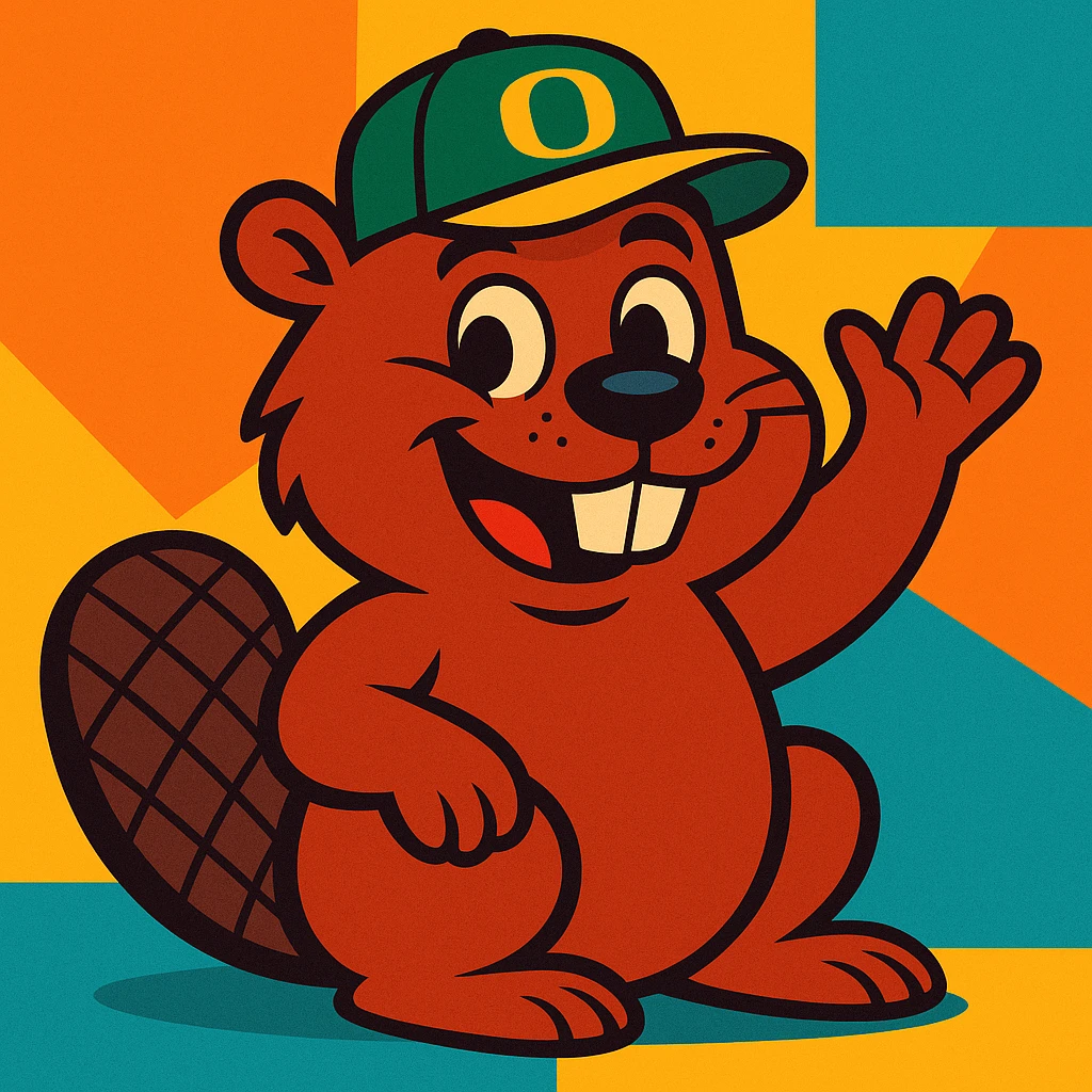 a beaver wearing an Oregon Ducks hat, playful style, vibrant toon emoji