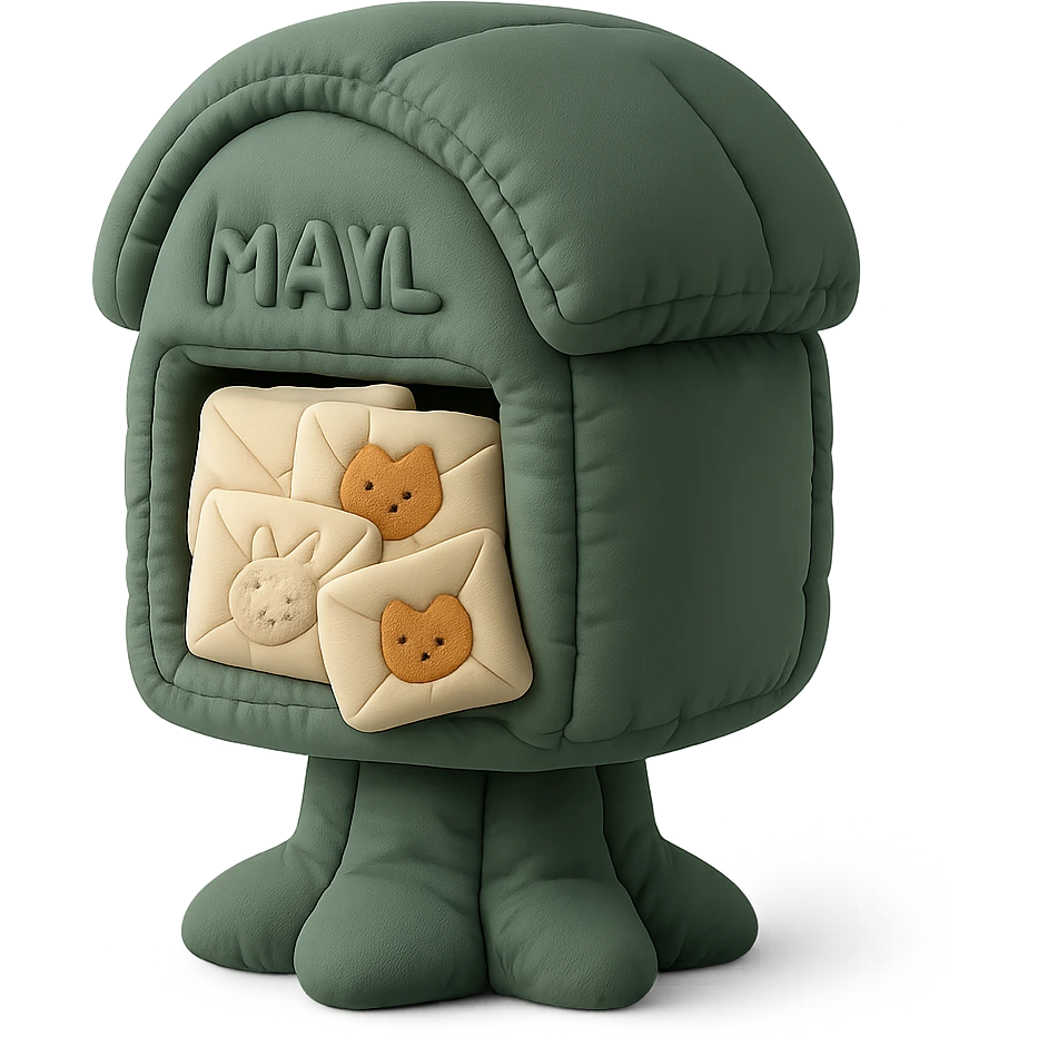 forest mailbox with tiny animal letters, cozy woodland theme, soft cushion style, plush and inviting emoji