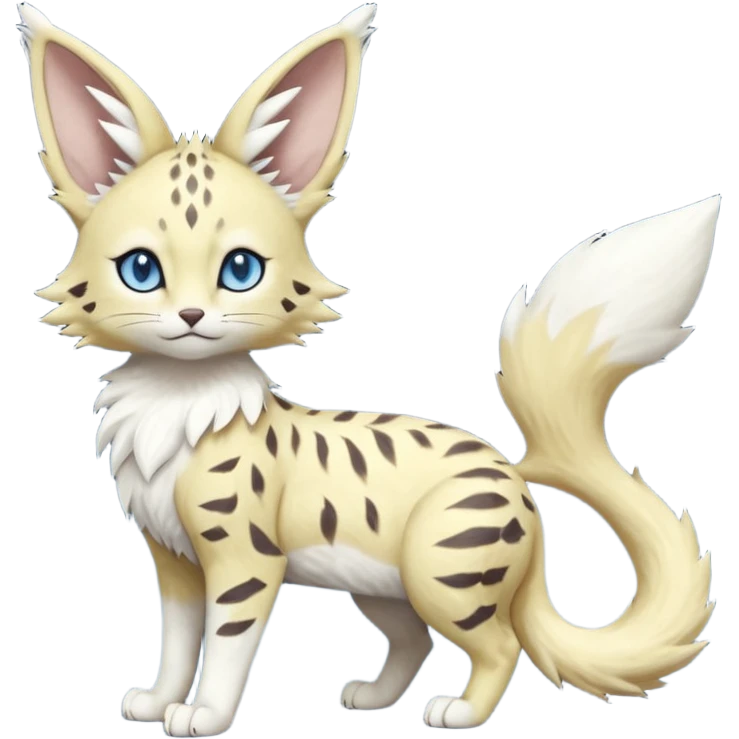 Albino-white, blue-eyed soft realistic romantic vintage antique divine beautiful elegant pretty precious cute young youthful  Fakémon-Pokémon-feline-Zeraora-Jolteon-serval-caracal-chinchilla-Minccino-Cinccino-Meowstic-rodent-hybrid-creature (full body) emoji