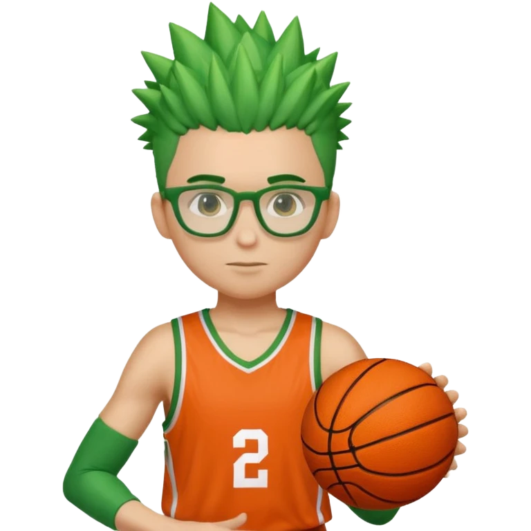 Green-Haired Athlete – Green spiky hair, orange basketball uniform, glasses, holding ball.


 emoji