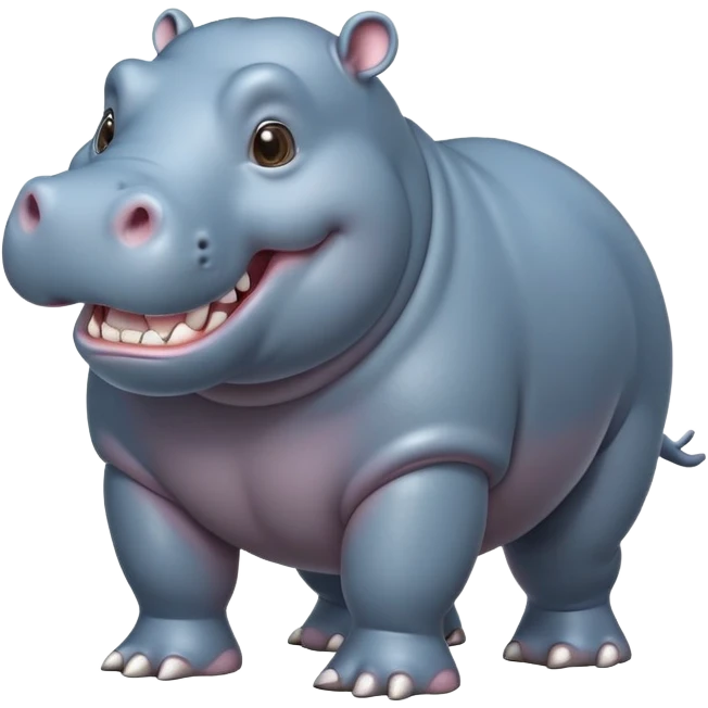 cinematic-hippo-realistic-full-body-side-view-standing-on-all-fours-emoji,-massive-round-frame,-wide-mouthed-grin-exposing-huge-teeth,-head-tilted-dramatically,-thick-greyish blue-hide-glossy, big cute eyes emoji