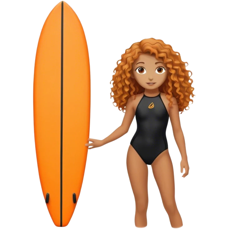 Surfer girl with black swimsuit and orange surfboard and long curly hair emoji