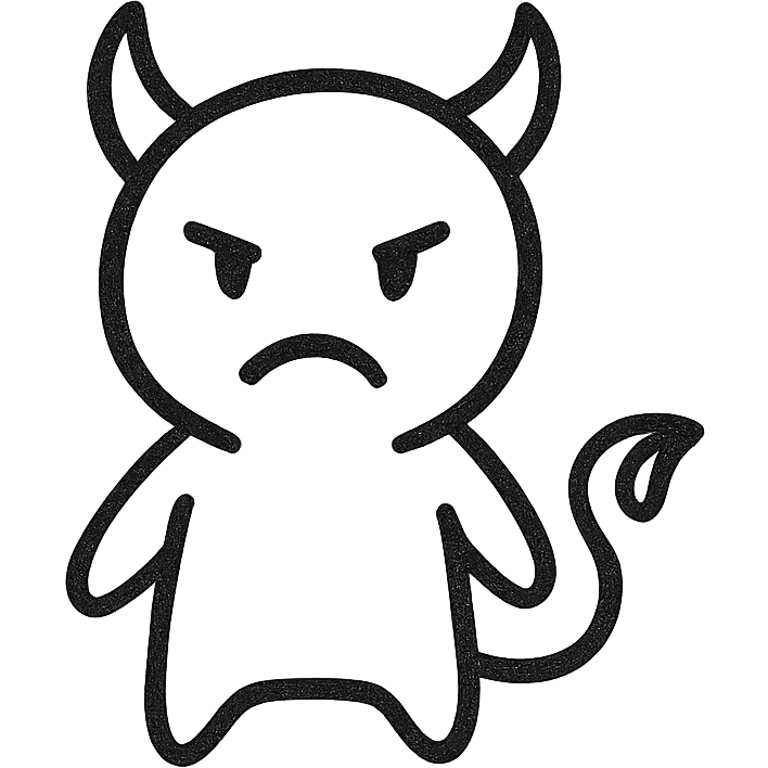minimal cartoonish devil with horns and tail, hand drawn black outline emoji