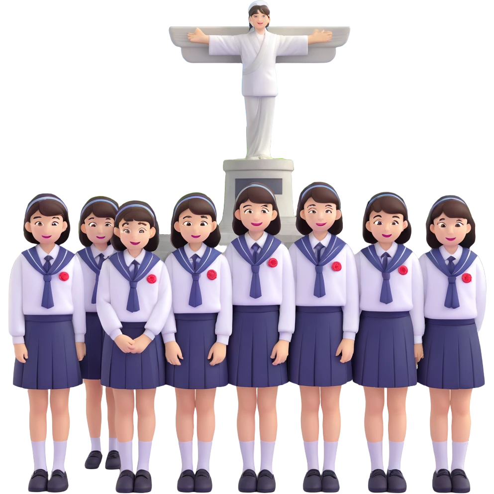 Japanese female high school student in group photo with classmates at Hiroshima Peace Memorial emoji